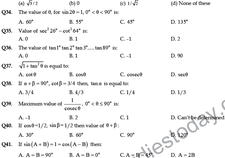 CBSE Class 10 Mathematics Application Of Trigonometry MCQs, Multiple ...